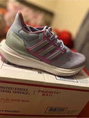adidas Kids Light Gray and Pink Athletic Sneakers